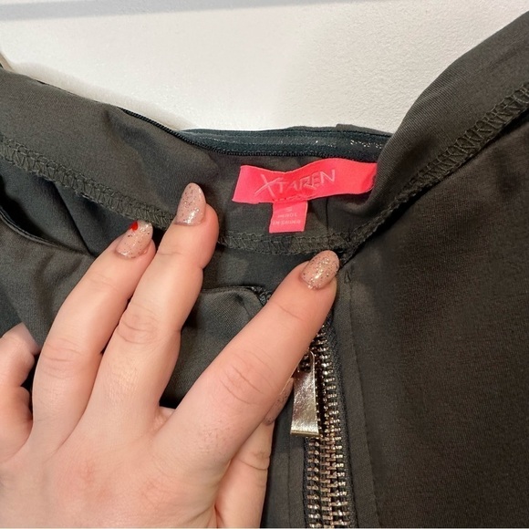 Xtaren Women’s Olive Green Front Zip Off the Shoulder Bodycon Midi Dress Small - Picture 3 of 7